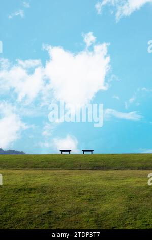 Zwei Sitze auf einem grünen Hügel mit herzförmiger Wolke in einer Parklandschaft an sonnigen Tagen. Keine Menschen Ruhe und Sommerurlaub Stockfoto