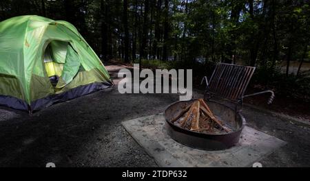 Kleines Kuppelzelt neben einem Feuerring mit Holz in einem Dammwald mit Wasser dahinter. Stockfoto