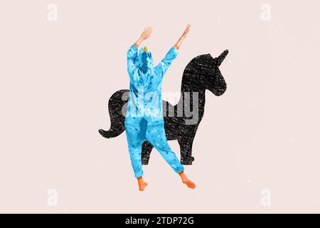 Zeichnen Malerei Bild Collage der tanzenden Person viel Spaß auf der Pyjama-Party Traum magische Pferdekreatur Kigurumi tragen Stockfoto