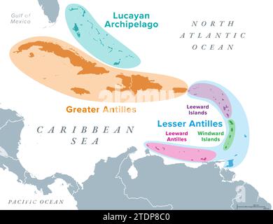 Inselgruppen der Westindischen Inseln, politische Karte. Subregion Amerikas, umgeben vom Nordatlantik und Karibik. Stockfoto