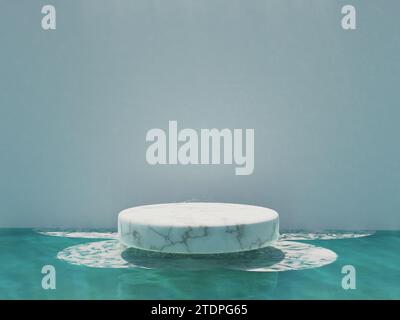 Runder Marmorständer, der über blauem Wasser schwimmt. mockup für Schönheits- und Kosmetikprodukte. 3D-Darstellung Stockfoto