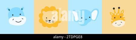 Niedlicher Dschungeltierkopf - Set. Zeichentrickfilm-Kindergarten-Illustration. Babytierporträts. Vektor in Blau und Orange. Stock Vektor