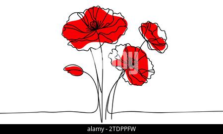 Mohnblumen in durchgehender Linienzeichnung. Doodle Blumenrand mit zwei Blumen, die zwischen Gras blühen. Minimalistisches schwarzes lineares Design isoliert Stock Vektor