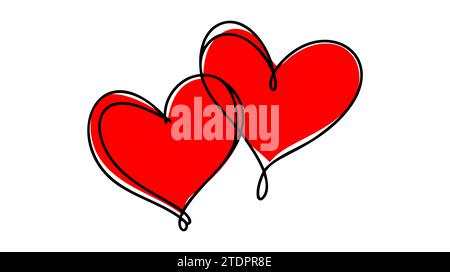 Eine fortlaufende Linienzeichnung von zwei Herzen mit Liebeszeichen. Dünne Locken und romantische Symbole im einfachen, linearen Stil. Bearbeitbare Kontur. Minimalistisches Doodl Stock Vektor