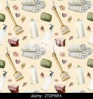 Duschbadezubehör und -Zubehör, Seifenriegel, Trockenmassagebürste, Handtücher, Salz, Duschgel mit nahtlosem Muster in Wasserfarben Stockfoto