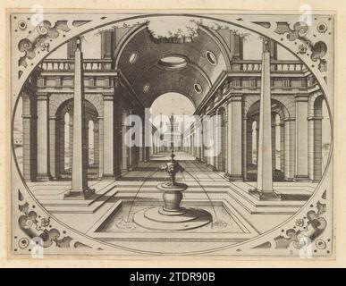 Portal mit Tonnengewölbe und Gesicht in einer Straße mit Arkaden, Johannes oder Lucas van Doetechum, nach Hans Vredeman de Vries, nach 1601 Portal mit Tonnengewölbe und Gesicht in einer Straße mit Arkaden. Im Vordergrund ein Brunnen in einem quadratischen Becken, flankiert von zwei Obelisken. In den Kurven Rollen. Der Ausdruck ist Teil eines Albums. Antwerpener Papierätzungsportal mit Tonnengewölbe und Gesicht in einer Straße mit Arkaden. Im Vordergrund ein Brunnen in einem quadratischen Becken, flankiert von zwei Obelisken. In den Kurven Rollen. Der Ausdruck ist Teil eines Albums. Antwerpen Papierätzung Stockfoto