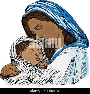 Illustration einer afrikanischen Maria und Jesuskind, Krippe Stock Vektor