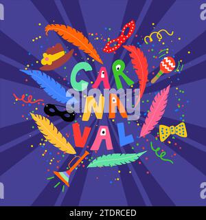 Carnaval (Karneval) handgeschriebener Text, umgeben von einigen traditionellen Elementen wie Federn und Maske im farbenfrohen Cartoon-Stil Stock Vektor