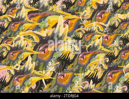 Abstrakter farbenfroher Hintergrund mit Augen und Blumenmotiven für Textilien oder Stoffe. Lebendige Texturkulisse wie Herbstmotive für Geschäftskonzepte Stockfoto