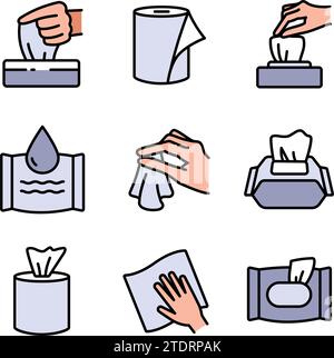 Textilhandtuch, nasse und Papierservietten Farbvektor öffentliche Hygiene Icons Set. Sanitär- und Hygienetuch für Bad oder Toilette einfache Abbildung c Stock Vektor