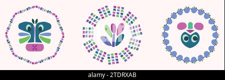 Einfache Natur Blatt und Monster Illustration Set in dekorativen Kranz für Kinder Blume Tier Vektor Motiv. Skurrile bunte Zeichnung in fröhlicher Natur Stock Vektor