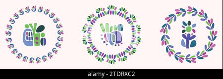 Einfache Natur Blatt und Monster Illustration Set in dekorativen Kranz für Kinder Blume Tier Vektor Motiv. Skurrile bunte Zeichnung in fröhlicher Natur Stock Vektor