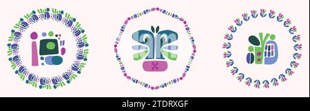 Einfache Natur Blatt und Monster Illustration Set in dekorativen Kranz für Kinder Blume Tier Vektor Motiv. Skurrile bunte Zeichnung in fröhlicher Natur Stock Vektor