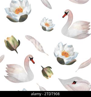 Aquarellschwäne Wasserlilien nahtloses Muster Pastelvögel, Schwäne, Blumen und Federn für Textilien, Verpackung, Papier Kinderkleidung, Babydekor 2024 Stockfoto