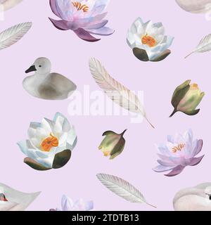 Aquarellschwäne Wasserlilien nahtloses Muster Hand gezeichnete Illustration Pastel Vögel kleine Schwäne Blumen Federn für Textilverpackung Papier Babytuch Stockfoto