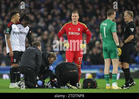 Liverpool, Großbritannien. Dezember 2023. Willian of Fulham erhält medizinische Behandlung während des Carabao Cup Quarter Final Matches Everton gegen Fulham im Goodison Park, Liverpool, Vereinigtes Königreich, 19. Dezember 2023 (Foto: Mark Cosgrove/News Images) in Liverpool, Vereinigtes Königreich am 19. Dezember 2023. (Foto: Mark Cosgrove/News Images/SIPA USA) Credit: SIPA USA/Alamy Live News Stockfoto