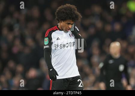 Liverpool, Großbritannien. Dezember 2023. Willian of Fulham hält sein Gesicht während des Carabao Cup Quarter Final Matches Everton gegen Fulham im Goodison Park, Liverpool, Vereinigtes Königreich, 19. Dezember 2023 (Foto: Mark Cosgrove/News Images) in Liverpool, Vereinigtes Königreich am 19. Dezember 2023. (Foto: Mark Cosgrove/News Images/SIPA USA) Credit: SIPA USA/Alamy Live News Stockfoto