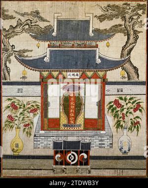 Spirit Shrine, 1811 koreanische Farbzeichnung eines großen Schreins auf einer Plattform zu Ehren königlicher Vorfahren, deren Namen in den Schrein eingeschrieben sind, das Datum von 1796-1820 ist unten rechts eingeschrieben. Stockfoto