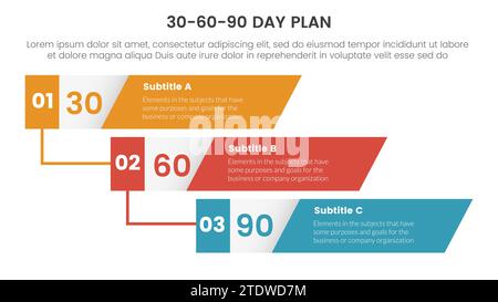 30 60 90-Tage-Planmanagement Infografik 3-Punkt-Stufenvorlage mit vertikaler Zeitachsenneigung, rechteckigem Wasserfall für Präsentationsvektor Stockfoto