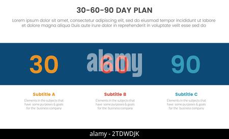 30 60 90-Tage-Planverwaltung Infografik 3-Punkt-Bühnenvorlage mit Symbol auf schwarzem horizontalen Hintergrund für Folienpräsentationsvektor Stockfoto