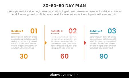 30 60 90-Tage-Planverwaltung Infografik 3-Punkt-Stufenvorlage mit Säulentrennung mit Pfeilumriss für den Vektor der Präsentation Stockfoto