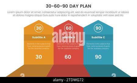 30 60 90-Tage-Planverwaltung Infografik 3-Punkt-Bühnenvorlage mit großformatigem Pfeil nach oben für Folienpräsentationsvektor Stockfoto