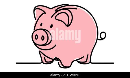 Schweinebank im durchgehenden Zeichnungsstil. Schwarze lineare Skizze des Pig Moneybox auf weißem Hintergrund isoliert. Stock Vektor