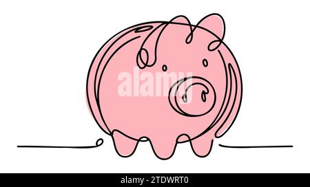 Schweinebank im durchgehenden Zeichnungsstil. Schwarze lineare Skizze des Pig Moneybox auf weißem Hintergrund isoliert. Stock Vektor