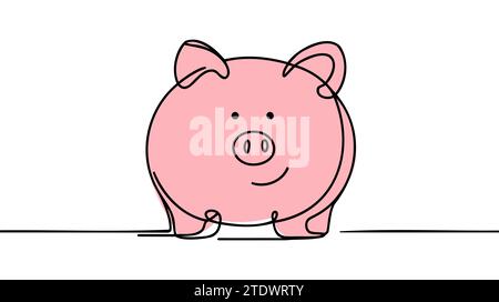 Schweinebank im durchgehenden Zeichnungsstil. Schwarze lineare Skizze des Pig Moneybox auf weißem Hintergrund isoliert. Stock Vektor