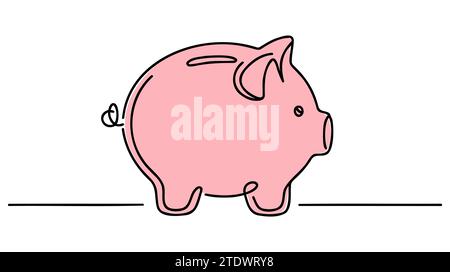 Schweinebank im durchgehenden Zeichnungsstil. Schwarze lineare Skizze des Pig Moneybox auf weißem Hintergrund isoliert. Stock Vektor
