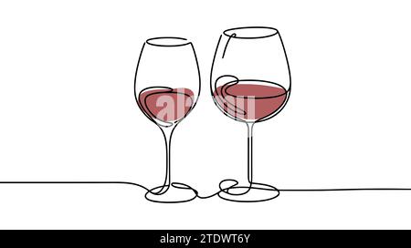 Durchgehende einzeilige Zeichnung von zwei Gläsern Rotwein. Minimalistisches lineares Konzept von Feiern und Anfeuern. Bearbeitbare Konturvektordarstellung Stock Vektor