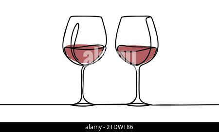 Durchgehende einzeilige Zeichnung von zwei Gläsern Rotwein. Minimalistisches lineares Konzept von Feiern und Anfeuern. Bearbeitbare Konturvektordarstellung Stock Vektor
