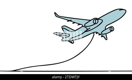 Eine Linienzeichnung des Flugzeugs auf weißem Hintergrund. Durchgehende einzelne Skizze des blauen Flugzeugs. Minimalistisches Konturdesign. Linienart der Vektorillustration Stock Vektor