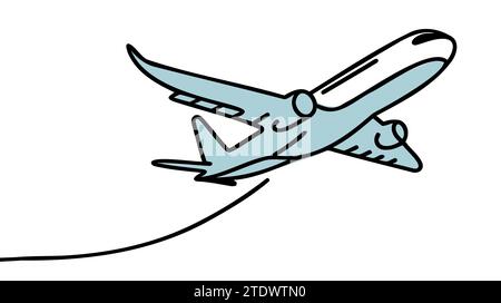 Eine Linienzeichnung des Flugzeugs auf weißem Hintergrund. Durchgehende einzelne Skizze des blauen Flugzeugs. Minimalistisches Konturdesign. Linienart der Vektorillustration Stock Vektor