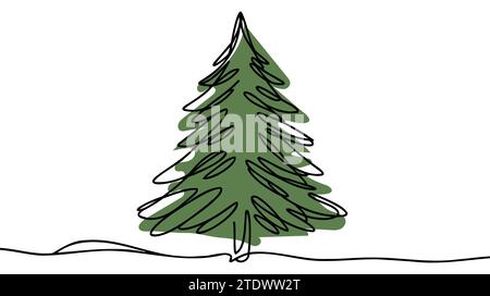 Hintergrund der Weihnachtsbaumlinie. Grüner einzeiliger Zeichnungshintergrund. Durchgehende Linienzeichnung des weihnachtsbaumsymbols Stock Vektor