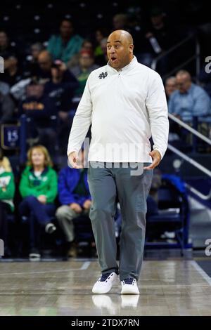 South Bend, Indiana, USA. Dezember 2023. Notre Dame Head Coach Micah Shrewsberry während des NCAA Basketballspiels zwischen den Citadel Bulldogs und den Notre Dame Fighting Irish im Purcell Pavilion im Joyce Center in South Bend, Indiana. John Mersits/CSM/Alamy Live News Stockfoto