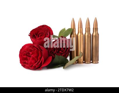 Kugeln und schöne Rosenblüten isoliert auf weiß Stockfoto