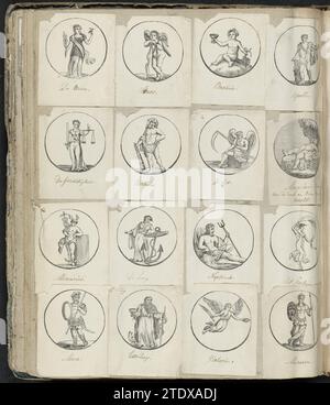 Album Magazin mit verschiedenen Aufführungen, Album Magazin 1814 - 1869 mit 16 ausgeschnittenen Aufführungen hauptsächlich aus Folk Prints, von Personifizierungen und mythologischen Figuren, wie Amor, Bacchus, Herkules und der Personifizierung der Zeit. Nijmegen Paper Snipping Album Magazin mit 16 ausgeschnittenen Aufführungen hauptsächlich aus Folk Prints, von Personifizierungen und mythologischen Figuren wie Amor, Bacchus, Herkules und der Personifizierung der Zeit. Nijmegen-Papierscherkappe Stockfoto