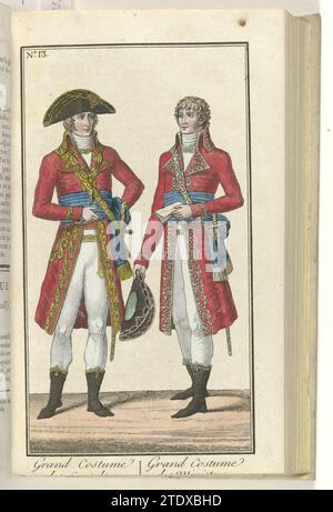 Der Monat, historische, literarische und kritische Zeitung, mit Zahlen, nein 13, 1800: Große Tracht des Generals / große Tracht des Pfarrers, 1800 Ein General und ein Pfarrer, die nebeneinander stehen. Druck aus der Zeitschrift Le Mois: Journal Historique, Littéraire et Critique avec Figures, 1800. Théâtre des Folies-Marigny-Papier, das Einen General und einen Minister beieinander aufträgt. Druck aus der Zeitschrift Le Mois: Journal Historique, Littéraire et Critique avec Figures, 1800. Théâtre des Folies-Marigny Papierätzung Stockfoto