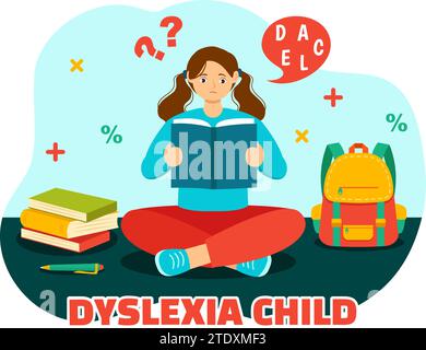 Legasthenie Kinder Vektor-Illustration der Kinder Dyslexie-Störung und Schwierigkeit beim Lernen Lesen mit Buchstaben, die heraus im flachen Zeichentrickhintergrund fliegen Stock Vektor