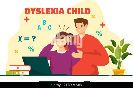 Legasthenie Kinder Vektor-Illustration der Kinder Dyslexie-Störung und Schwierigkeit beim Lernen Lesen mit Buchstaben, die heraus im flachen Zeichentrickhintergrund fliegen Stock Vektor