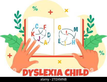 Legasthenie Kinder Vektor-Illustration der Kinder Dyslexie-Störung und Schwierigkeit beim Lernen Lesen mit Buchstaben, die heraus im flachen Zeichentrickhintergrund fliegen Stock Vektor