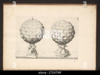 Zwei Multiflächen mit einer Kugel als Ausgangspunkt, Jost Amman, nach Wenzel Jamnitzer, 1568 werden die geometrischen Figuren (Polyhedra) von links nach rechts komplexer. Nummeriert: G.IIII. Dieser Druck ist Teil eines Buches. Nürnberger Papier die geometrischen Figuren (Polyhedra) werden von links nach rechts komplexer. Nummeriert: G.IIII. Dieser Druck ist Teil eines Buches. Nürnberger Papierätzung Stockfoto