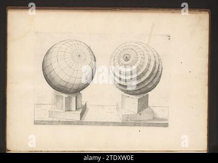 Zwei Multiflächen mit einer Kugel als Ausgangspunkt, Jost Amman, nach Wenzel Jamnitzer, 1568 werden die geometrischen Figuren (Polyhedra) von links nach rechts komplexer. Nummeriert: G.I. dieser Druck ist Teil eines Buches. Nürnberger Papier die geometrischen Figuren (Polyhedra) werden von links nach rechts komplexer. Nummeriert: G.I. dieser Druck ist Teil eines Buches. Nürnberger Papierätzung Stockfoto