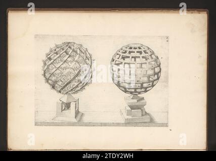 Zwei Multiflächen mit einer Kugel als Ausgangspunkt, Jost Amman, nach Wenzel Jamnitzer, 1568 werden die geometrischen Figuren (Polyhedra) von links nach rechts komplexer. Linke Kugel mit Zweigen verziert. Nummeriert: G.V. dieser Druck ist Teil eines Buches. Nürnberger Papier die geometrischen Figuren (Polyhedra) werden von links nach rechts komplexer. Linke Kugel mit Zweigen verziert. Nummeriert: G.V. dieser Druck ist Teil eines Buches. Nürnberger Papierätzung Stockfoto