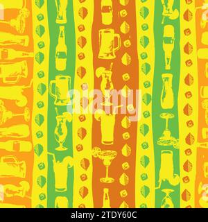Vektor Spaß Cocktails alkoholische Getränke Farbe Grunge Silhouette vertikale Streifen nahtloses Muster. Geeignet für Textilien, Menügestaltung und Tapeten. Stock Vektor