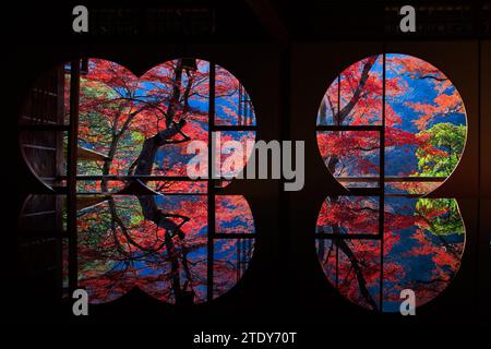 Blick auf die japanische Herbstkulisse durch runde Fenster, die sich auf einem Tisch spiegeln Stockfoto