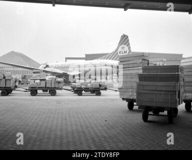 Fracht wird während der Weihnachtsstürme in Schiphol verschifft, KLM Flugzeug im Hintergrund ca. Dezember 1962 Stockfoto