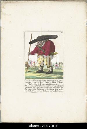 De Small mens liendl schnekenfist, ca. 1710, 1705 - 1715 der kleine Mann Liendl Schnekenfist als Inspektor in Wien. In der Überschrift unter dem Titel ein vierzeiliger Vers auf Deutsch. Oben rechts nummeriert: 46. Teil einer losen Ausgabe aus der Zeit um 1710 einer Serie von Karikaturen kleiner Menschen, bekannt als Zwergton. Augsburger Papierstich des kleinen Mannes Liendl Schnekenfist als Inspektor in Wien. In der Überschrift unter dem Titel ein vierzeiliger Vers auf Deutsch. Oben rechts nummeriert: 46. Teil einer losen Ausgabe aus der Zeit um 1710 einer Serie von Karikaturen kleiner Menschen, Stockfoto
