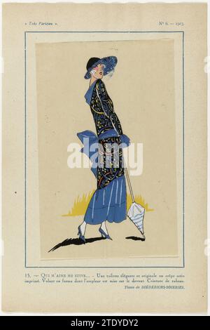 Sehr Pariser, 1923, Nr. 6:15. - Wer mich liebt, folgt mir ... - Eine elegante Toilette ..., 1923 ein Ensemble aus bedrucktem Kreppsatin. Volant, der vorne breiter ist. Ceintuur der Bänder. Weiteres Zubehör: Hut mit breitem Baldachin, Gehstock (Schirm?), Pumps. Substanzen aus Diederichs-Soeries. Druck aus dem Modemagazin Très Parisien (1920-1936). Paris-Papier-Buchdruck, der ein Ensemble aus bedrucktem Kreppsatin druckt. Volant, der vorne breiter ist. Ceintuur der Bänder. Weiteres Zubehör: Hut mit breitem Baldachin, Gehstock (Schirm?), Pumps. Substanzen aus Diederichs-Soeries. Drucken von Stockfoto